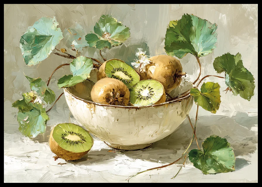 A bowl of kiwis and leaves gives a harmonious and fresh feeling-12