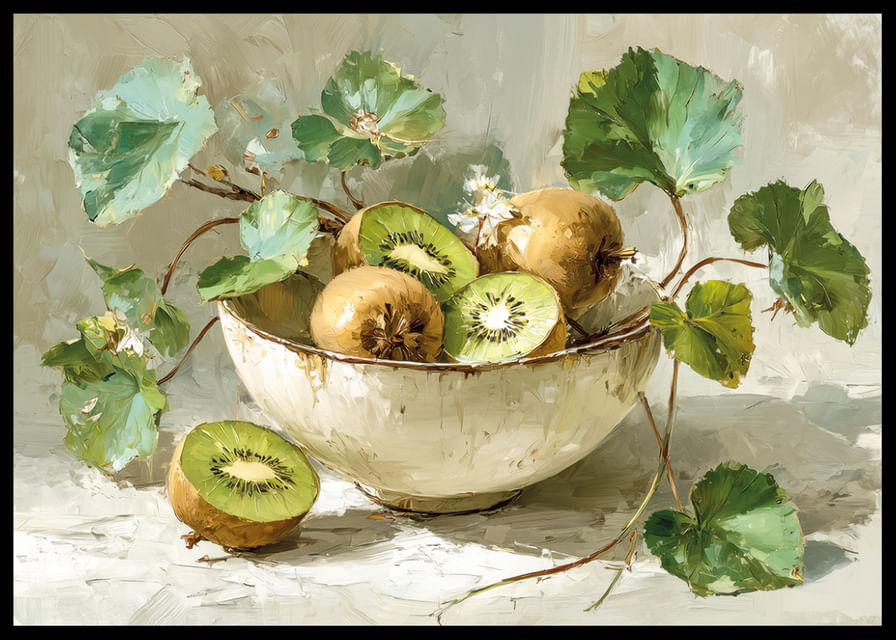 Un bol de kiwis et de feuilles procure une sensation harmonieuse et fraîche.-12