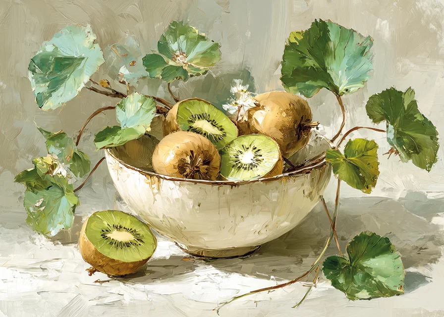 A bowl of kiwis and leaves gives a harmonious and fresh feeling-12