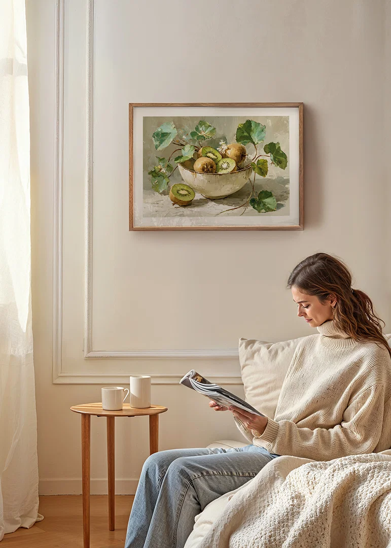 A bowl of kiwis and leaves gives a harmonious and fresh feeling-12
