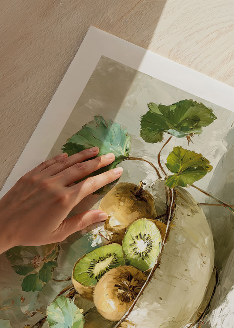 Un bol de kiwis et de feuilles procure une sensation harmonieuse et fraîche.-12