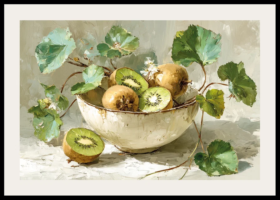 A bowl of kiwis and leaves gives a harmonious and fresh feeling-12