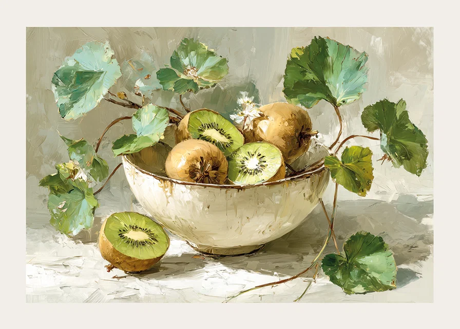 A bowl of kiwis and leaves gives a harmonious and fresh feeling-12