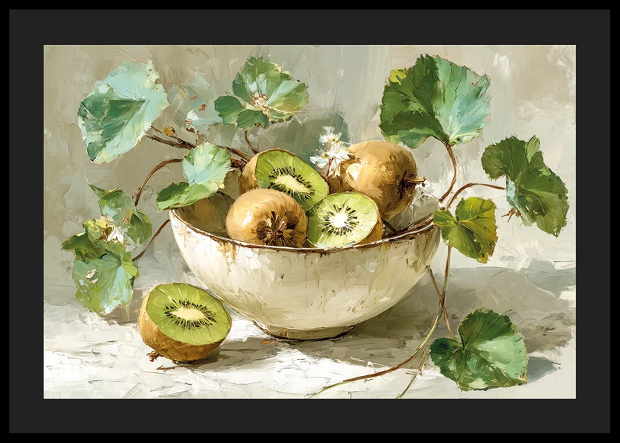 A bowl of kiwis and leaves gives a harmonious and fresh feeling-12