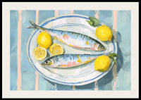 Livfullt stilleben med fisk och citron i en harmonisk färgpalett-2