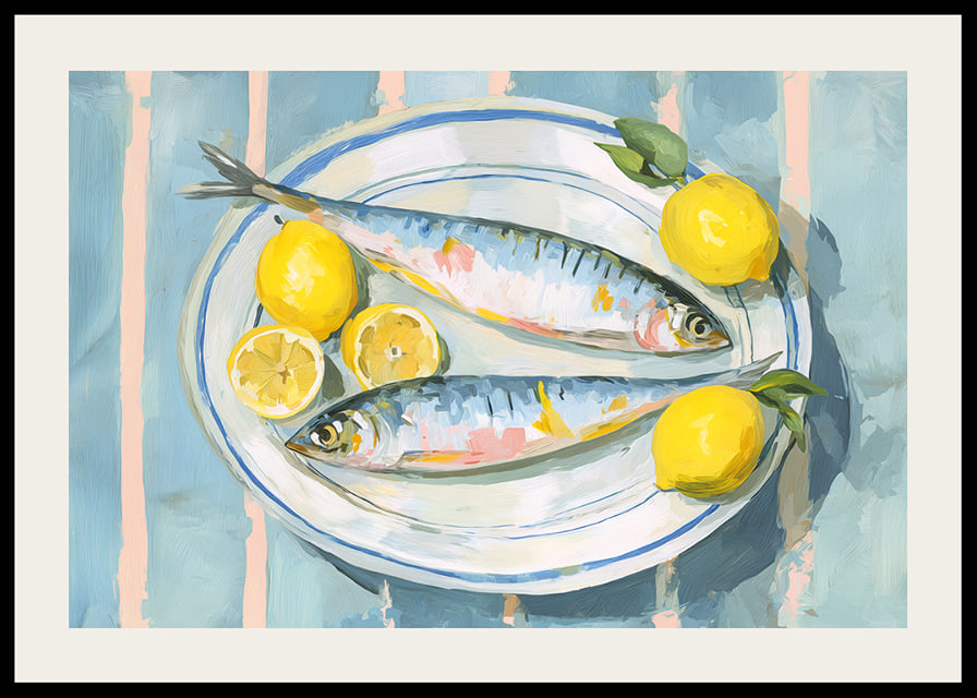 Livfullt stilleben med fisk och citron i en harmonisk färgpalett-12