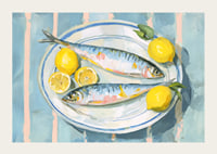 Livfullt stilleben med fisk och citron i en harmonisk färgpalett-3