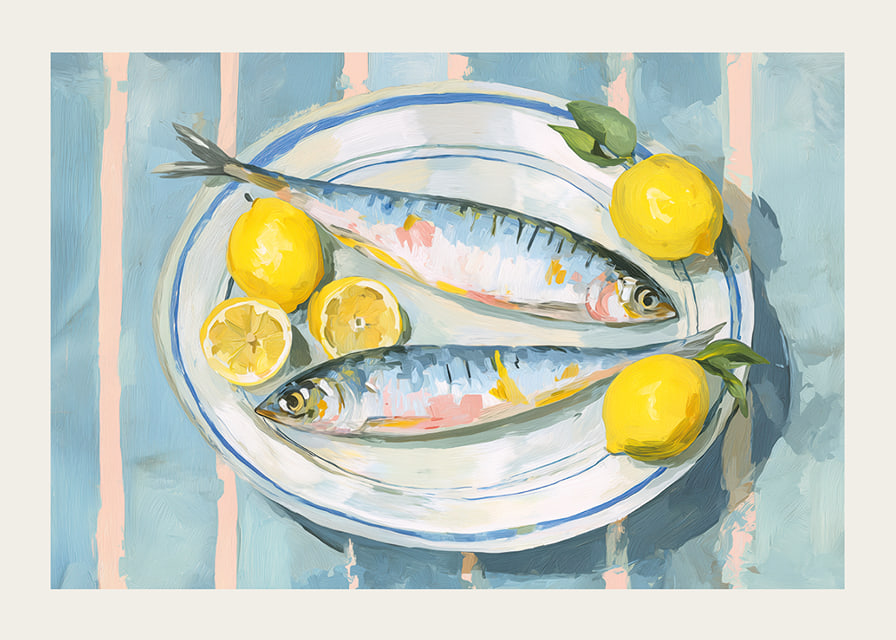 Livfullt stilleben med fisk och citron i en harmonisk färgpalett-12