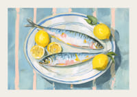 Livfullt stilleben med fisk och citron i en harmonisk färgpalett-3