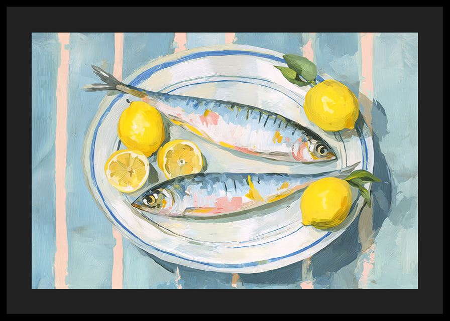 Livfullt stilleben med fisk och citron i en harmonisk färgpalett-12