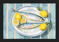 Livfullt stilleben med fisk och citron i en harmonisk färgpalett-5