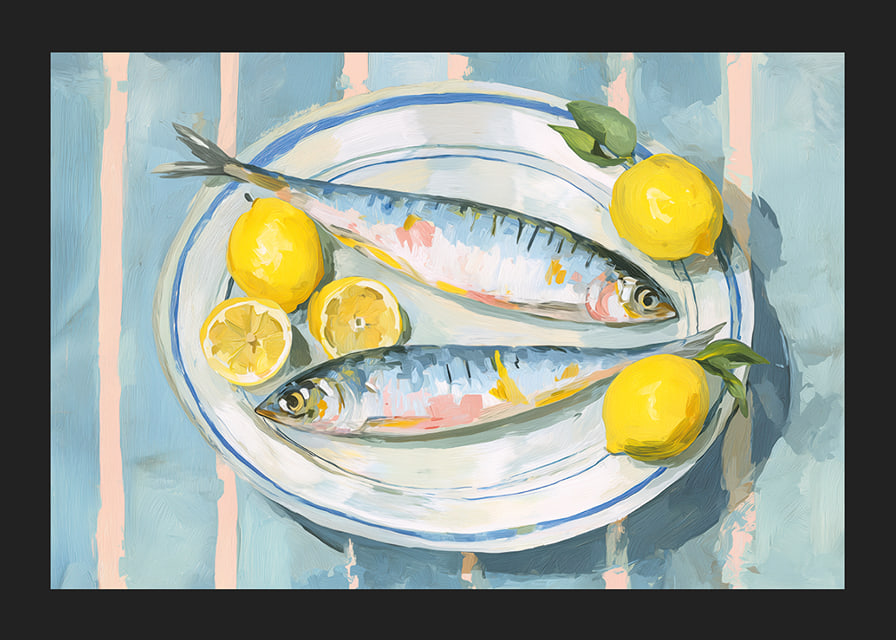 Livfullt stilleben med fisk och citron i en harmonisk färgpalett-12