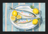 Livfullt stilleben med fisk och citron i en harmonisk färgpalett-5