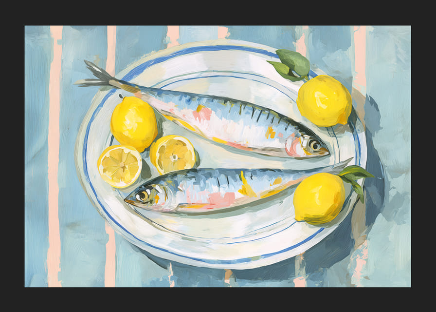 Livfullt stilleben med fisk och citron i en harmonisk färgpalett-12