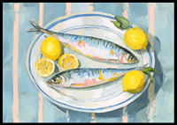 Livfullt stilleben med fisk och citron i en harmonisk färgpalett-6