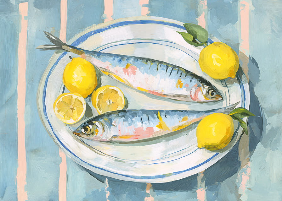 Livfullt stilleben med fisk och citron i en harmonisk färgpalett-12