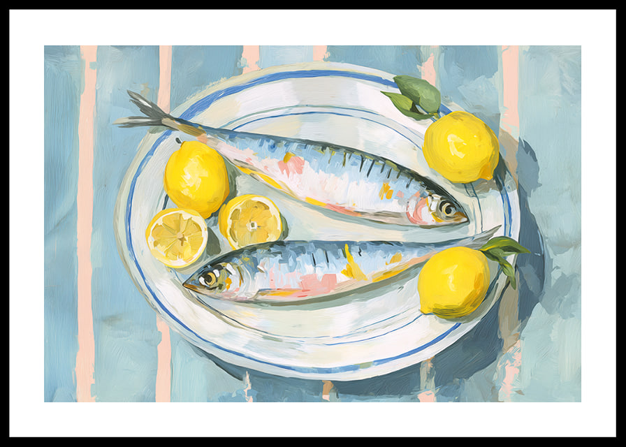Livfullt stilleben med fisk och citron i en harmonisk färgpalett-12