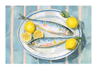 Livfullt stilleben med fisk och citron i en harmonisk färgpalett-1