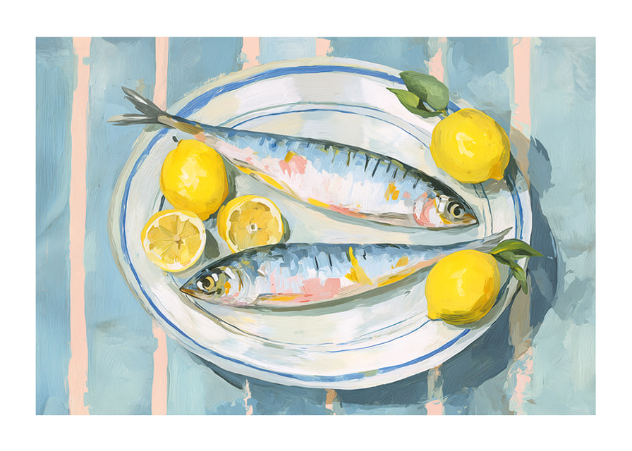 Livfullt stilleben med fisk och citron i en harmonisk färgpalett-12