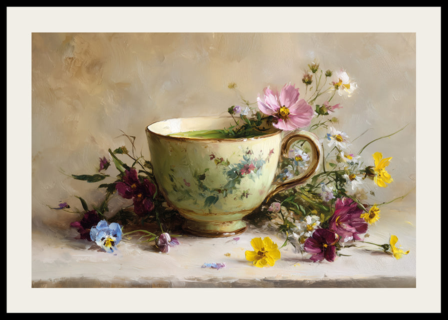 A beautiful cup surrounded by floral splendor brings harmony-12