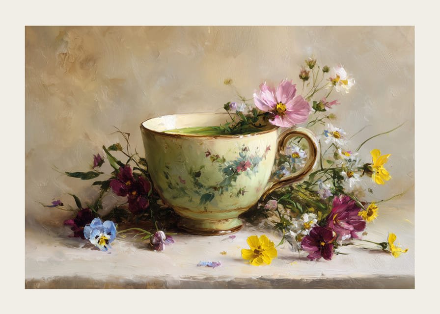 A beautiful cup surrounded by floral splendor brings harmony-12