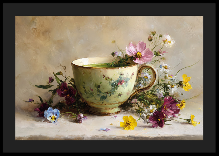 A beautiful cup surrounded by floral splendor brings harmony-12