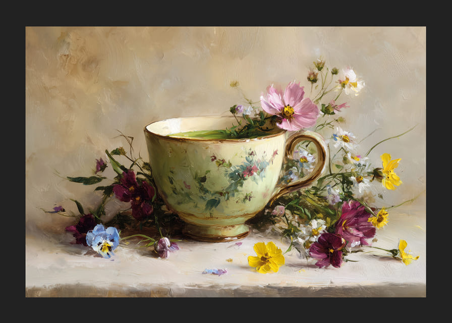 A beautiful cup surrounded by floral splendor brings harmony-12