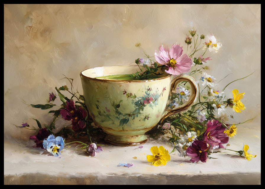 A beautiful cup surrounded by floral splendor brings harmony-12