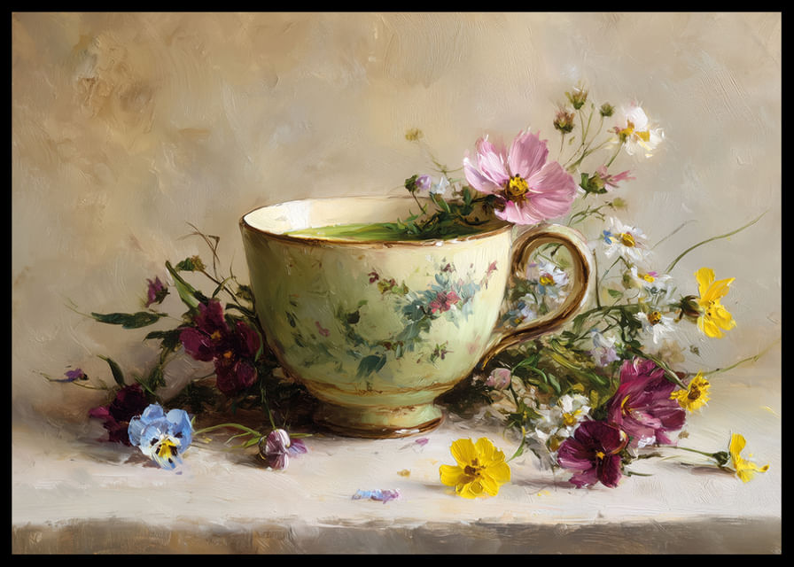 Une belle tasse entourée d'une splendeur florale apporte l'harmonie-12