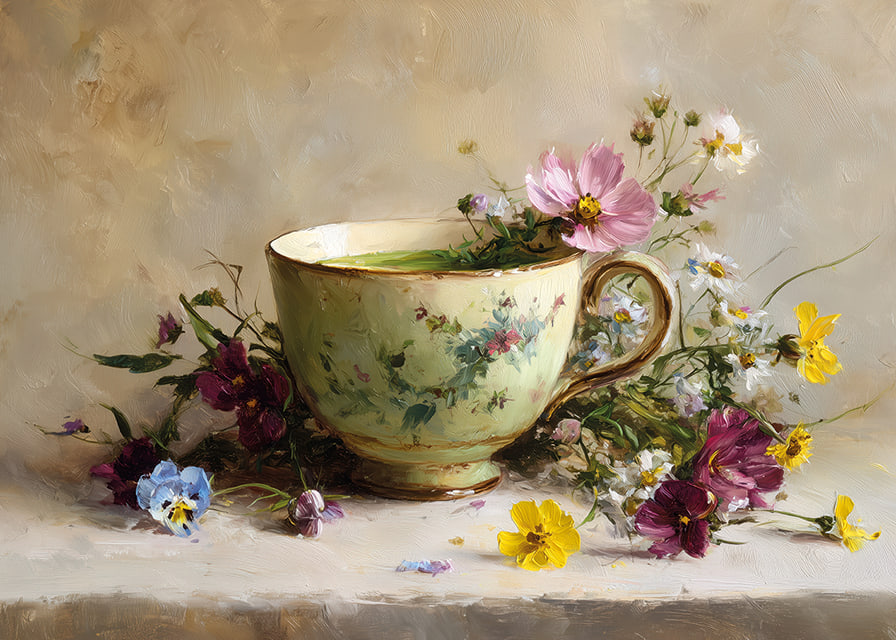A beautiful cup surrounded by floral splendor brings harmony-12