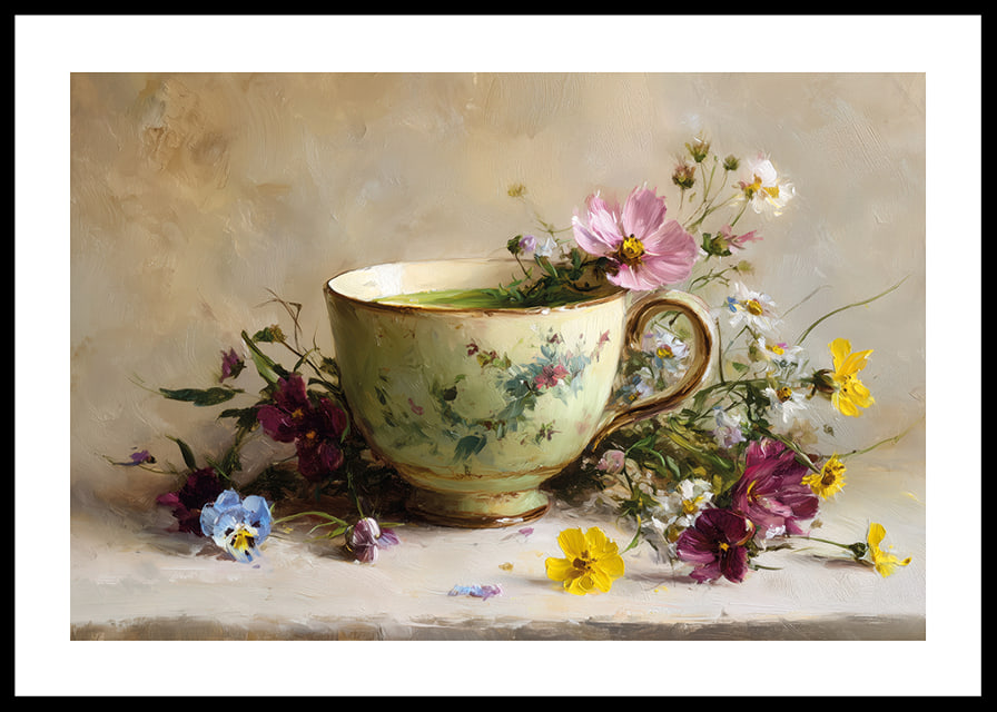 A beautiful cup surrounded by floral splendor brings harmony-12