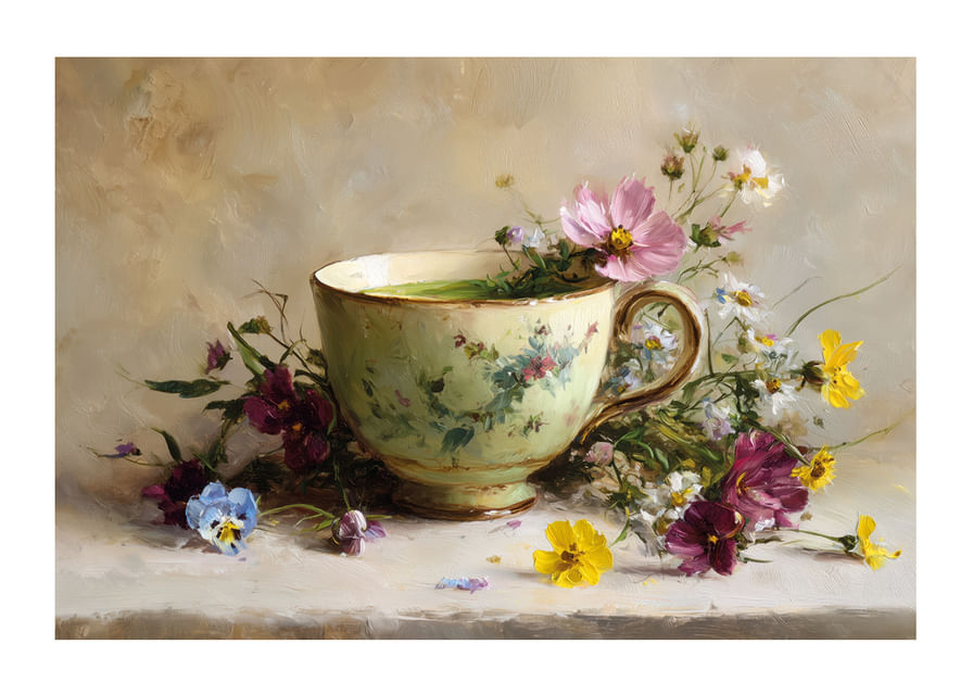 Une belle tasse entourée d'une splendeur florale apporte l'harmonie-12