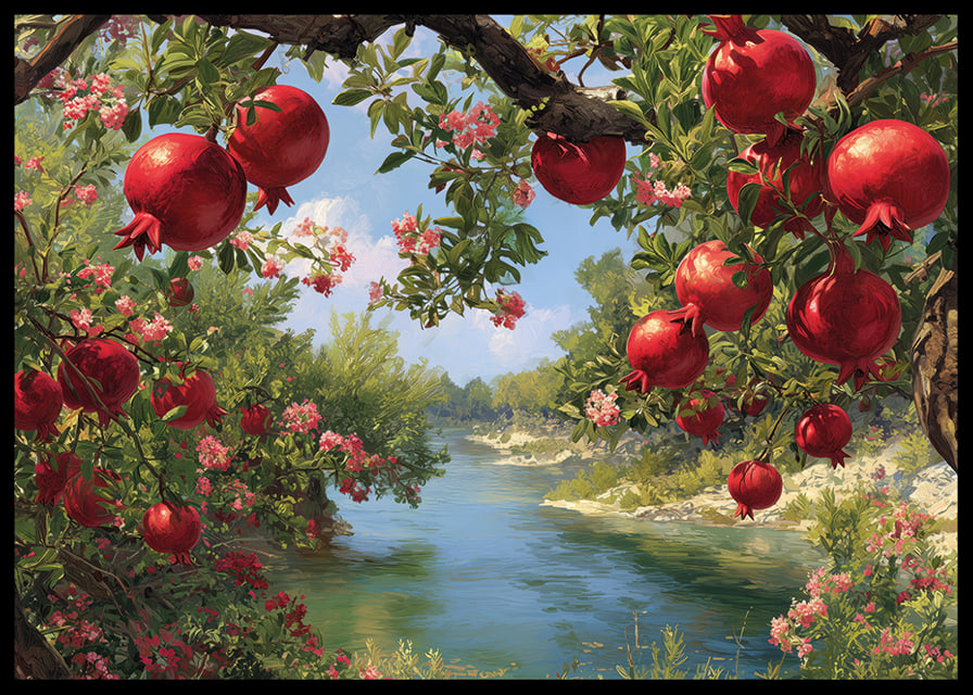 Lush pomegranates by a sparkling river-12