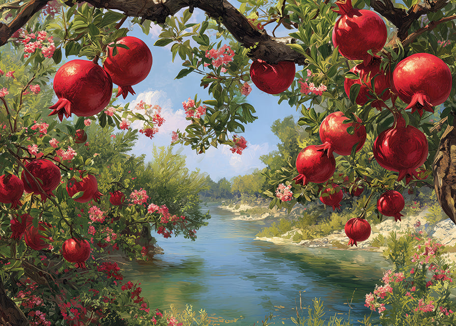 Lush pomegranates by a sparkling river-12