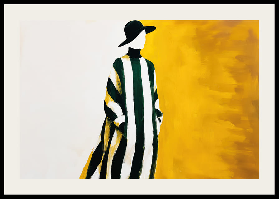 An elegant lady in a striped dress against a golden yellow background-12