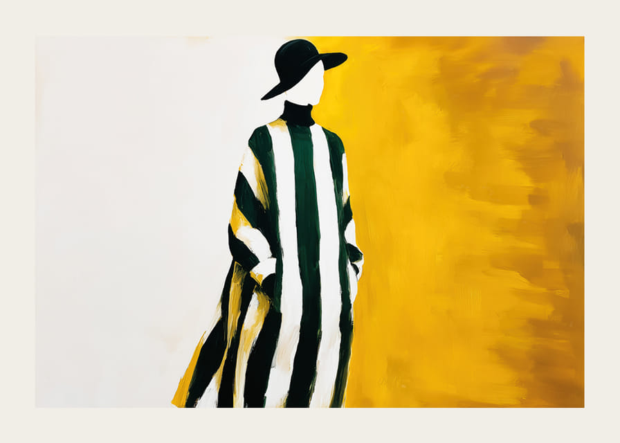 An elegant lady in a striped dress against a golden yellow background-12