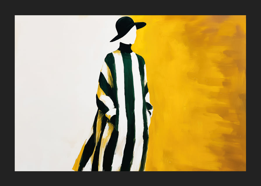 An elegant lady in a striped dress against a golden yellow background-12