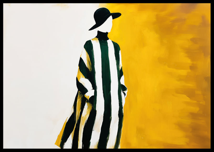 Een elegante dame in een gestreepte jurk tegen een goudgele achtergrond-12