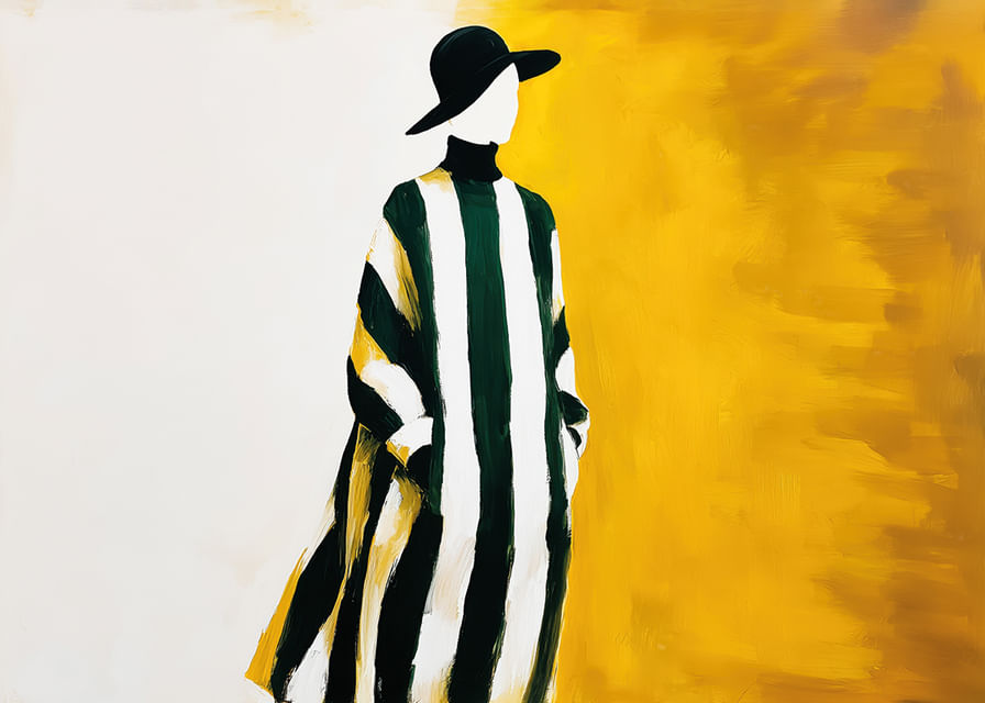 Een elegante dame in een gestreepte jurk tegen een goudgele achtergrond-12