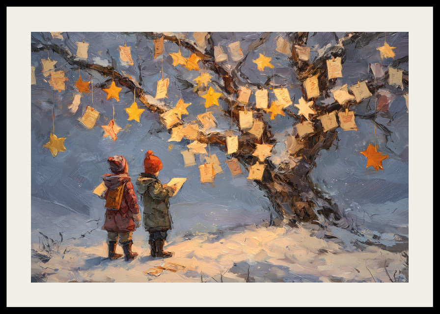 Two children admire wish notes and stars in a winter landscape-12