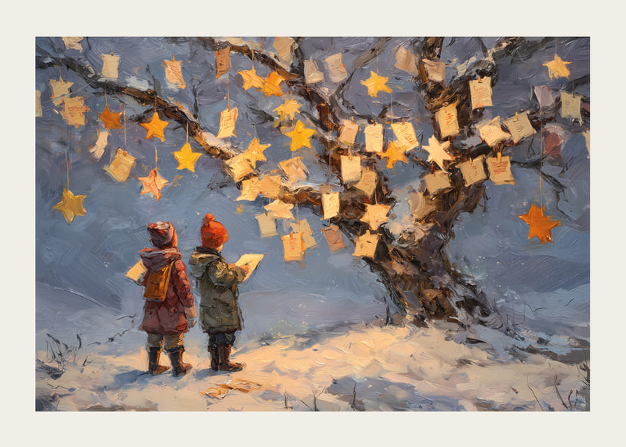 Two children admire wish notes and stars in a winter landscape-12