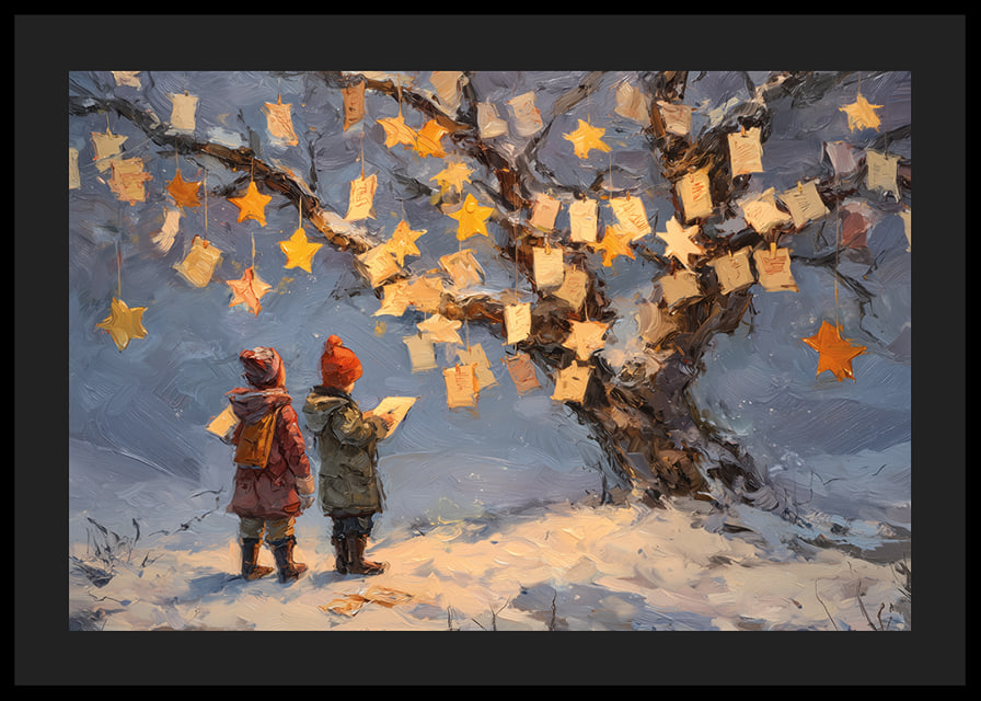 Deux enfants admirent des messages et des étoiles dans un paysage hivernal-12