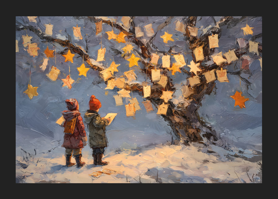 Two children admire wish notes and stars in a winter landscape-12