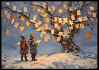 Dwoje dzieci podziwia życzenia i gwiazdy na tle zimowego krajobrazu-2