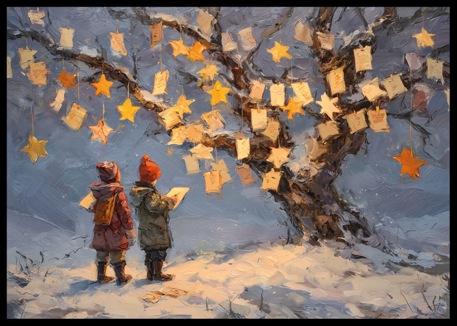 Dwoje dzieci podziwia życzenia i gwiazdy na tle zimowego krajobrazu-12