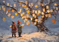 Deux enfants admirent des messages et des étoiles dans un paysage hivernal-7