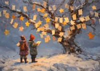 Dwoje dzieci podziwia życzenia i gwiazdy na tle zimowego krajobrazu-3