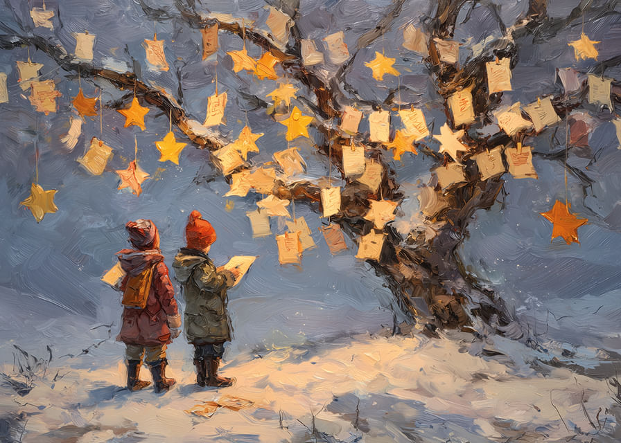 Dwoje dzieci podziwia życzenia i gwiazdy na tle zimowego krajobrazu-12