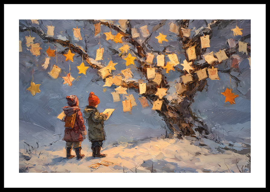 Deux enfants admirent des messages et des étoiles dans un paysage hivernal-12