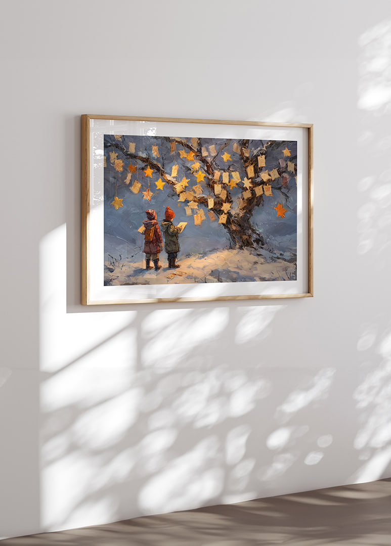 Deux enfants admirent des messages et des étoiles dans un paysage hivernal-12